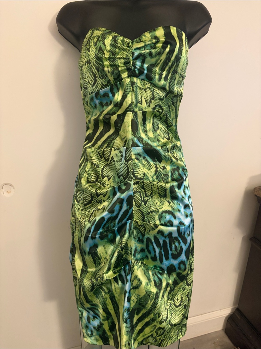 Ardene Lime Green & Teal Animal Print Strapless Midi Dress